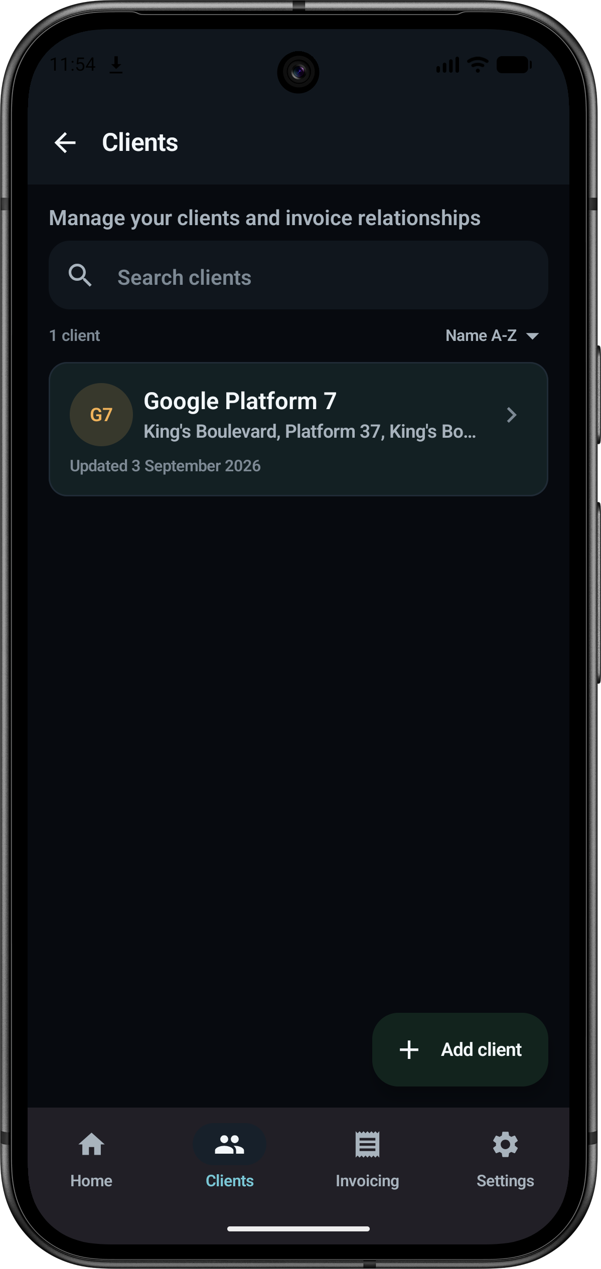 PaySmart clients screen showing search, sorting, client address, update date, and add-client action.
