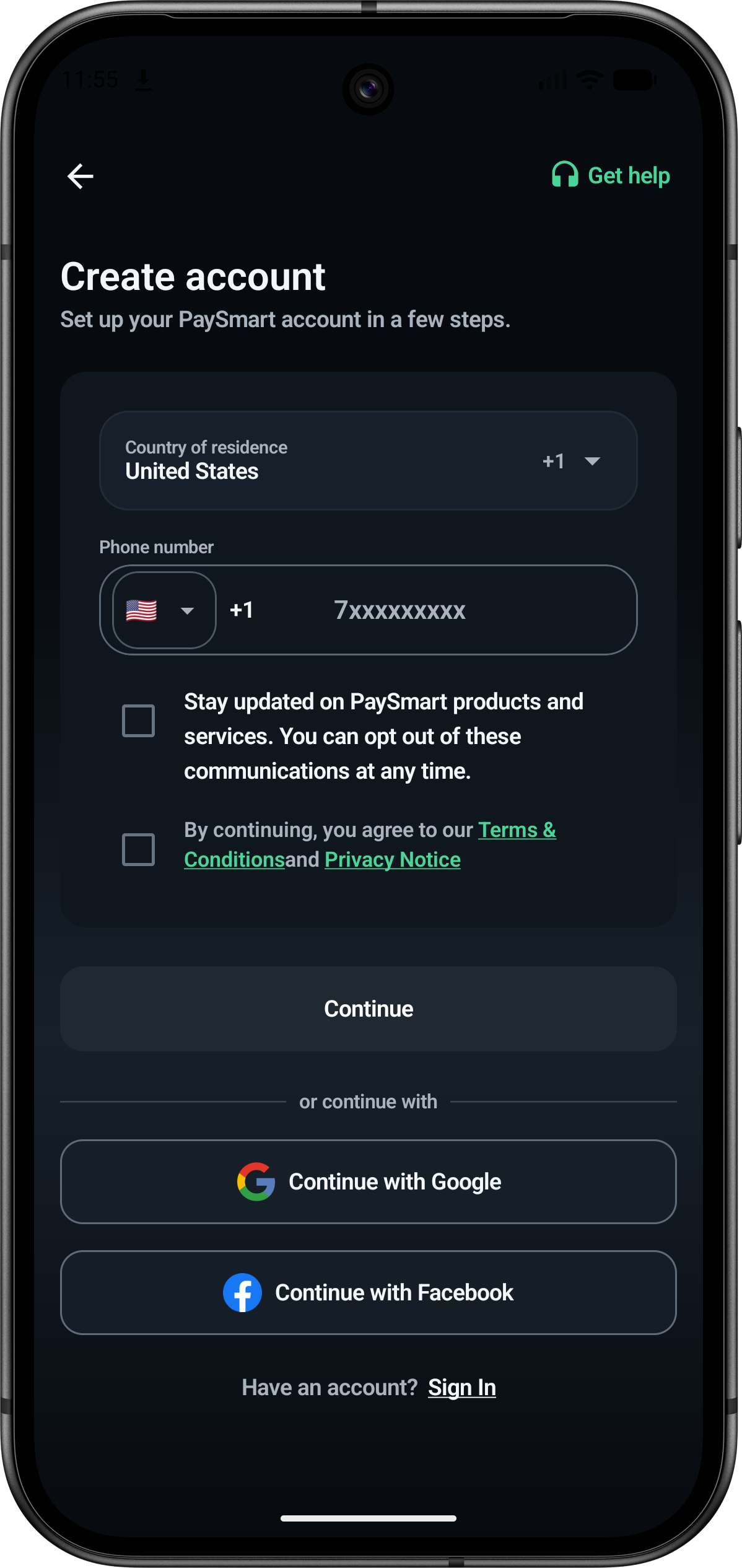 PaySmart create account screen with phone, Google, and Facebook signup options.