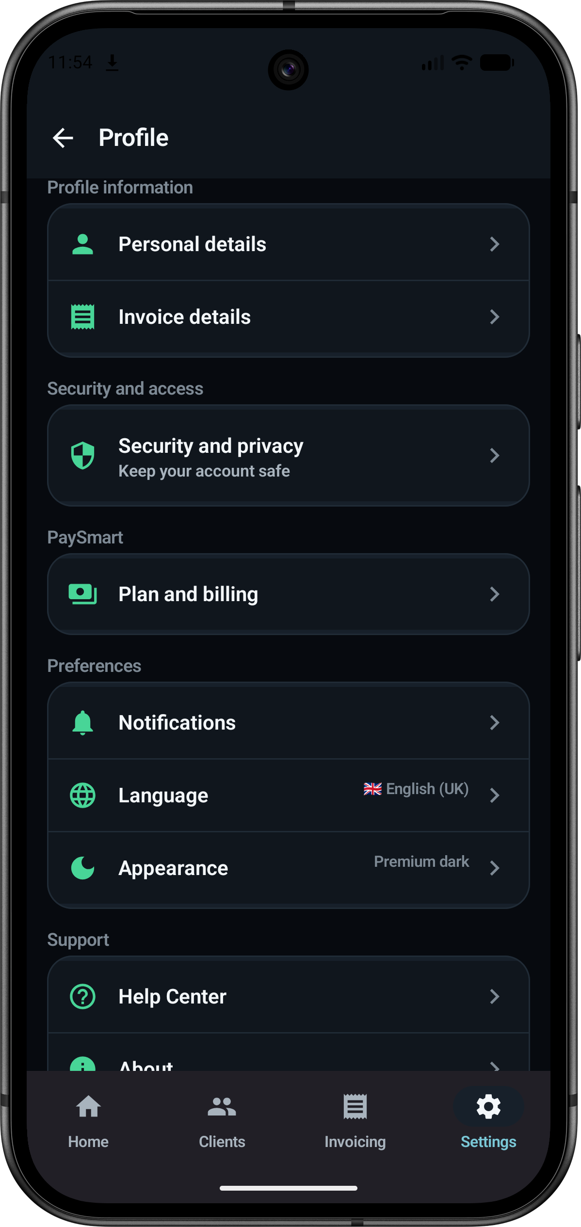 PaySmart profile screen showing personal details, invoice details, security, billing, notifications, language, and appearance.