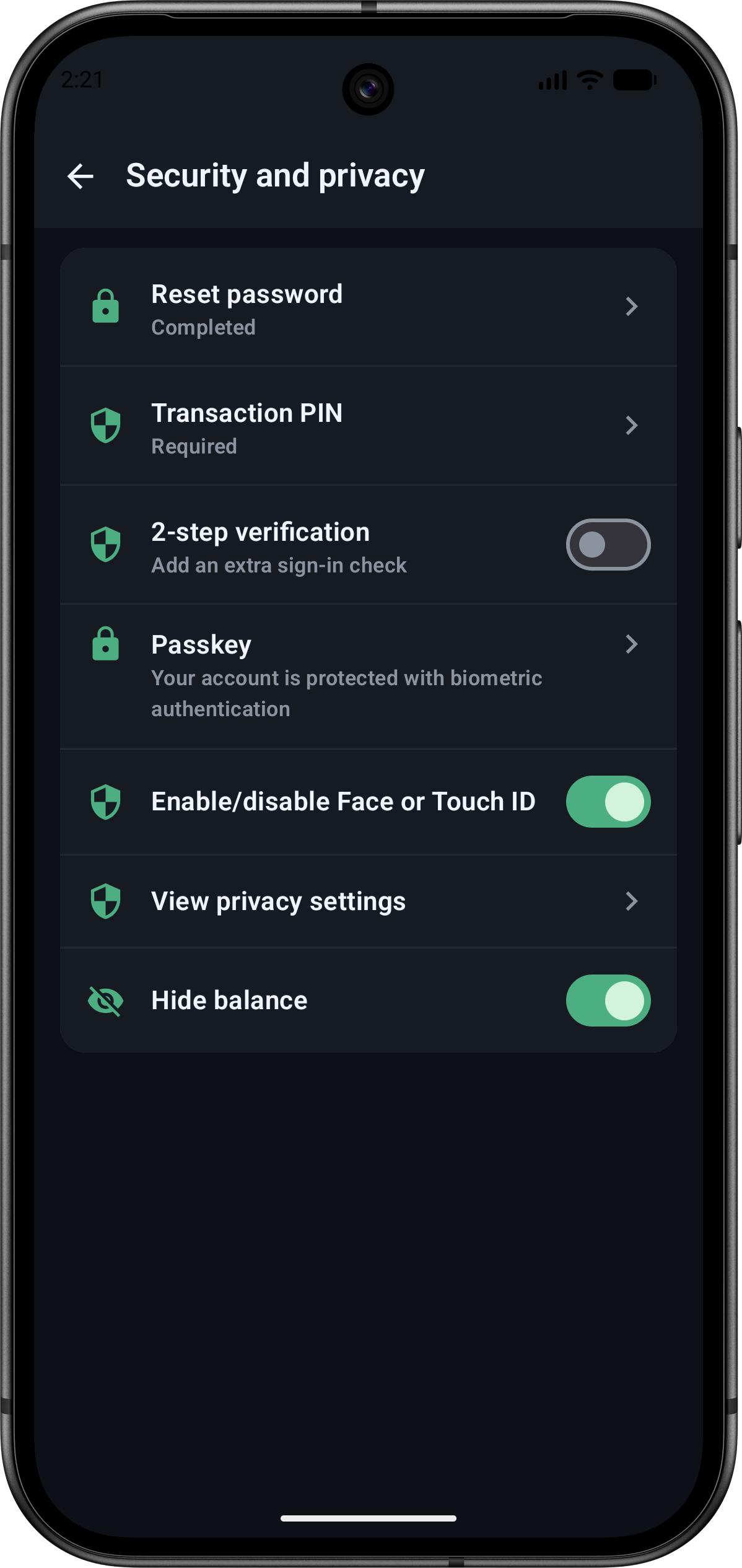 PaySmart security and privacy screen in dark mode showing reset password, Transaction PIN, two-step verification, passkey, biometric controls, privacy settings, and hide balance.